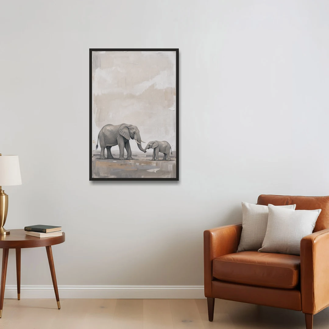 Nursery Wall Decor Above Crib with Elephant Trunks Touching - Black Framed Canvas Wall Art - Sofa - 24x36