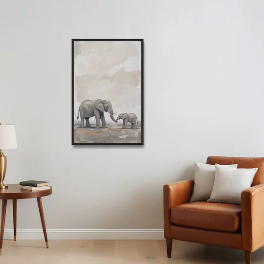 Nursery Wall Decor Above Crib with Elephant Trunks Touching - Black Framed Canvas Wall Art - Sofa - 24x36