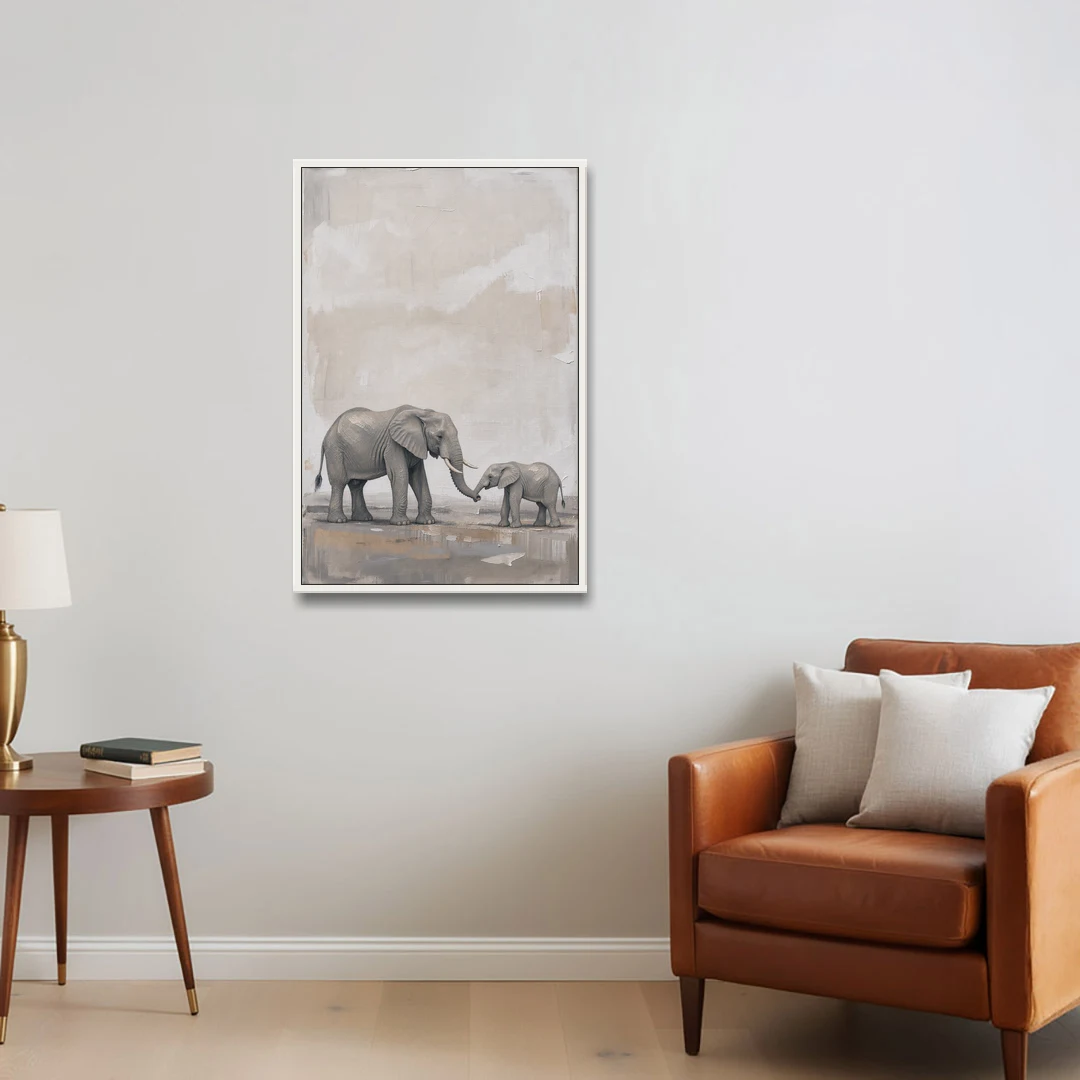 Nursery Wall Decor Above Crib with Elephant Trunks Touching - White Framed Canvas Wall Art - Sofa - 24x36