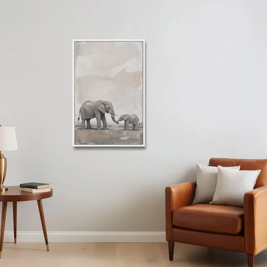 Nursery Wall Decor Above Crib with Elephant Trunks Touching - White Framed Canvas Wall Art - Sofa - 24x36
