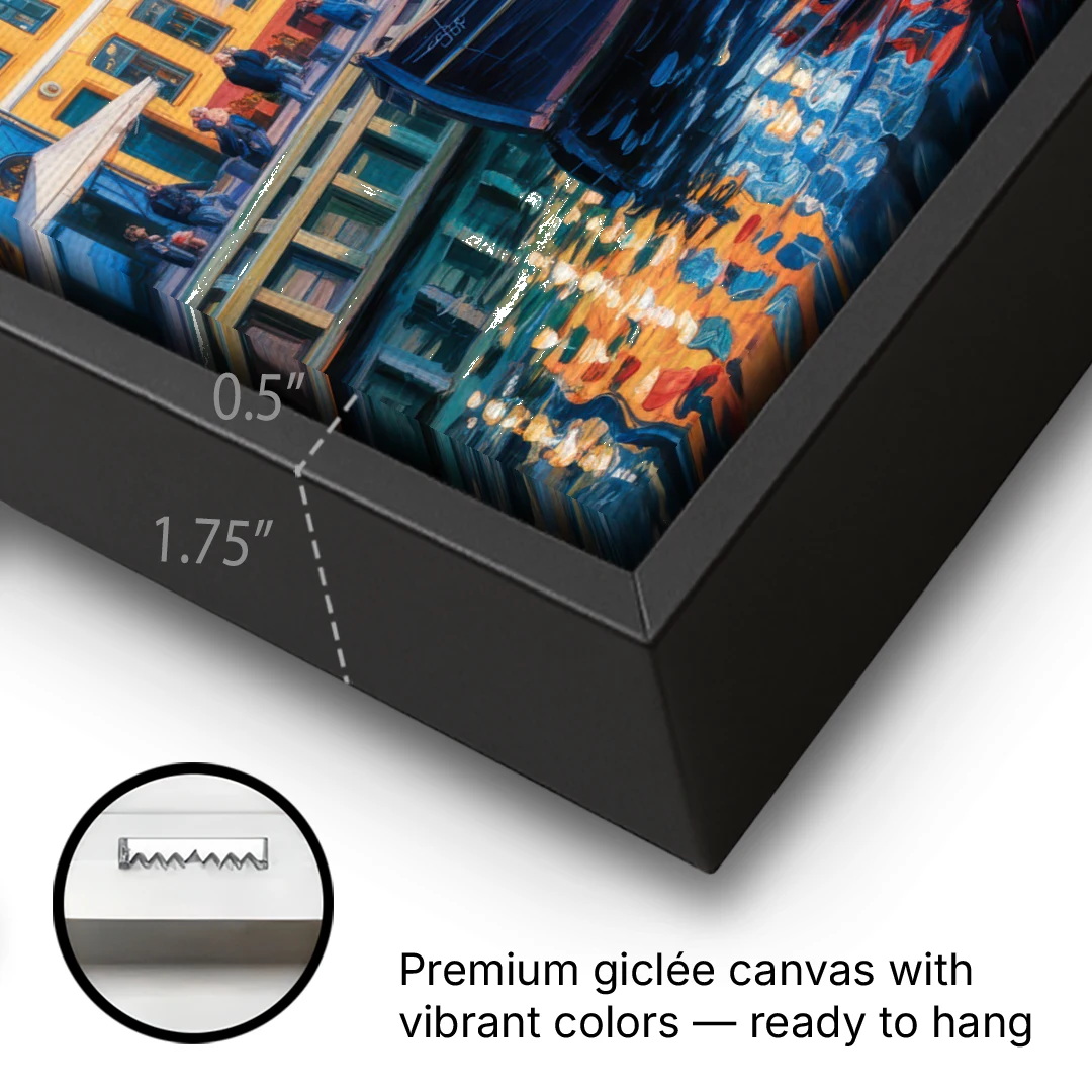 Nyhavn Serenity - Black Framed Canvas Wall Art - Gallery Wrap Corner