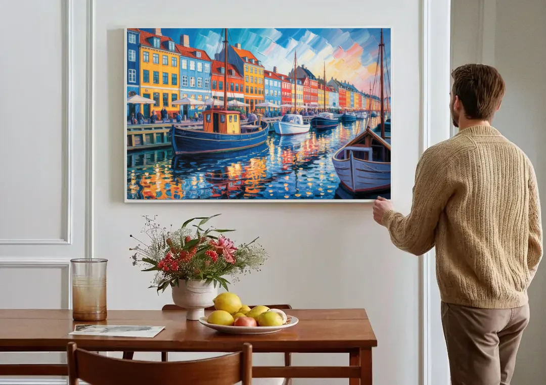 Nyhavn Serenity canvas wall art above a dining table