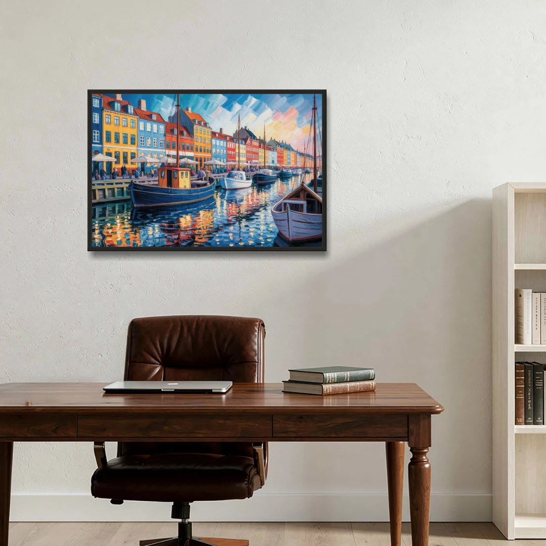 Nyhavn Serenity - Black Framed Canvas Wall Art - Office - 36x24