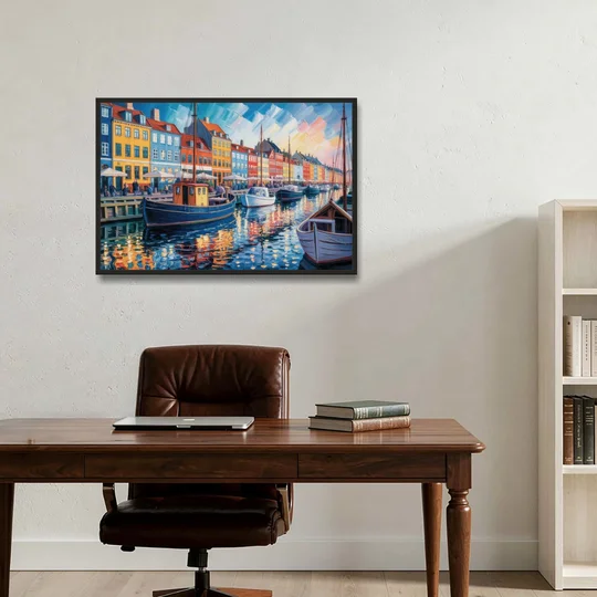 Nyhavn Serenity - Black Framed Canvas Wall Art - Office - 36x24