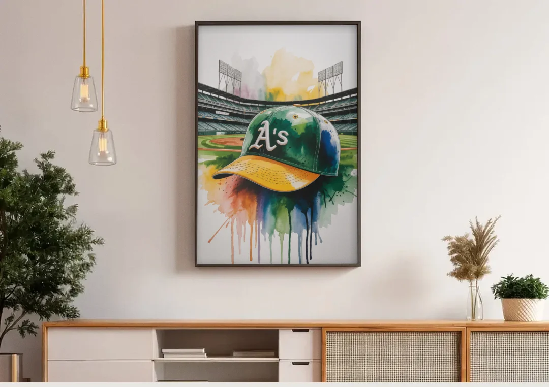 Oakland Athletics A Watercolor Tribute to Baseball Legacy canvas wall art above a wooden sideboard under pendant lights