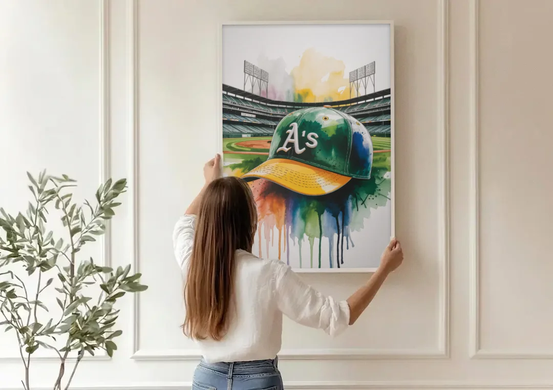 Oakland Athletics A Watercolor Tribute to Baseball Legacy canvas wall art being hung on a paneled wall