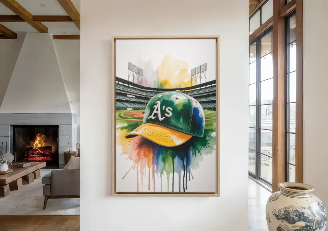 Oakland Athletics A Watercolor Tribute to Baseball Legacy canvas wall art in a living room with a fireplace
