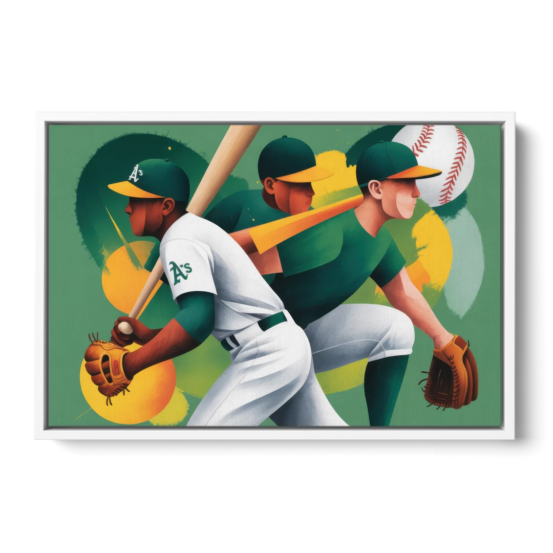 Oakland Athletics Abstract Baseball Energy - White Framed Canvas Wall Art - Front