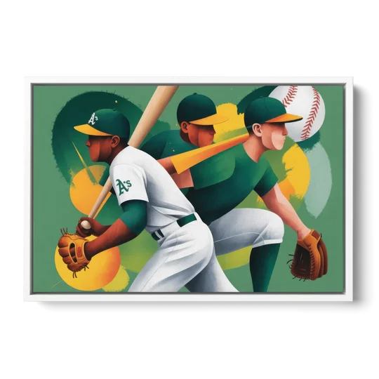 Oakland Athletics Abstract Baseball Energy - White Framed Canvas Wall Art - Front
