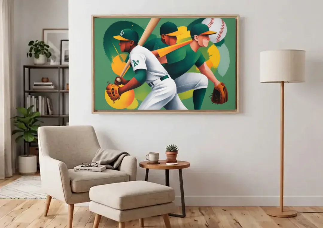 Oakland Athletics Abstract Baseball Energy canvas wall art above an armchair in a bright living room