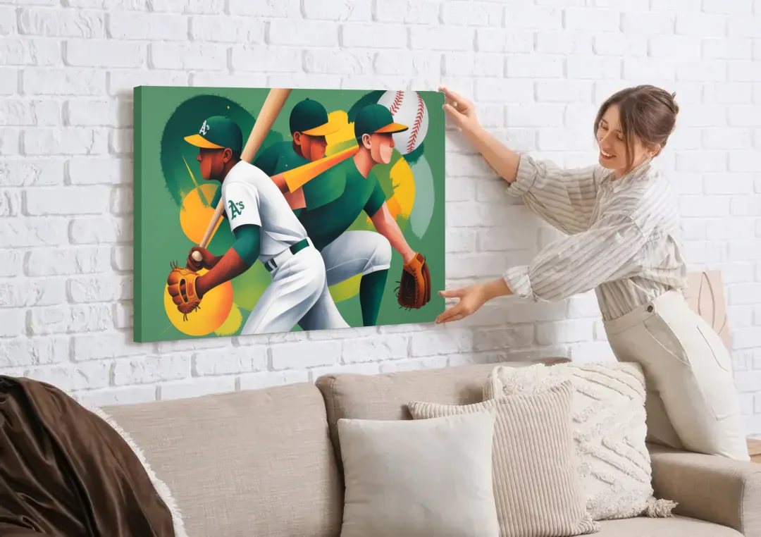 Oakland Athletics Abstract Baseball Energy canvas wall art being hung on a white brick wall above a sofa