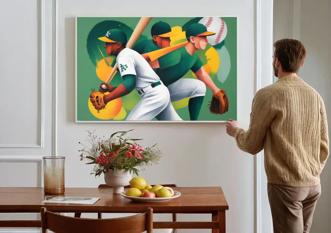 Oakland Athletics Abstract Baseball Energy canvas wall art above a dining table