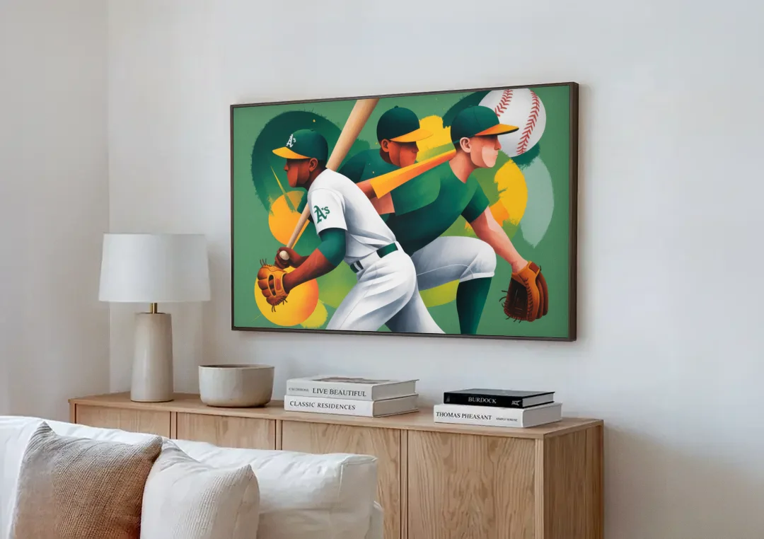 Oakland Athletics Abstract Baseball Energy canvas wall art above a wooden sideboard next to a sofa