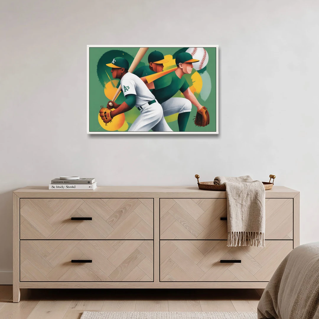 Oakland Athletics Abstract Baseball Energy - White Framed Canvas Wall Art - Coffee Table - 36x24