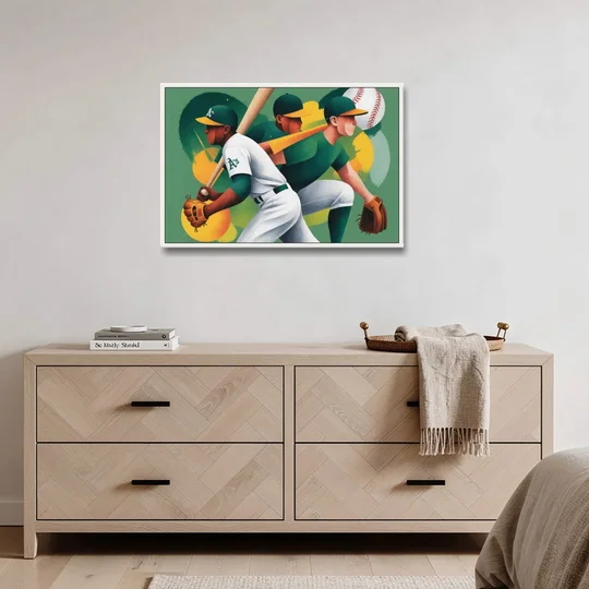 Oakland Athletics Abstract Baseball Energy - White Framed Canvas Wall Art - Coffee Table - 36x24