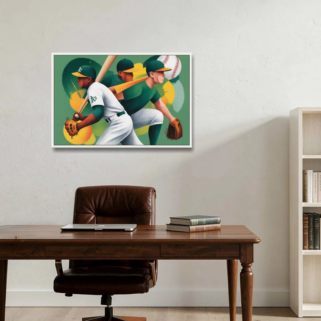 Oakland Athletics Abstract Baseball Energy - White Framed Canvas Wall Art - Office - 36x24
