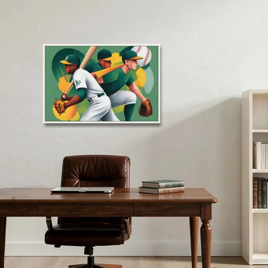 Oakland Athletics Abstract Baseball Energy - White Framed Canvas Wall Art - Office - 36x24