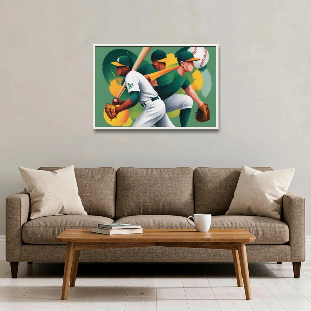 Oakland Athletics Abstract Baseball Energy - White Framed Canvas Wall Art - Sofa - 36x24