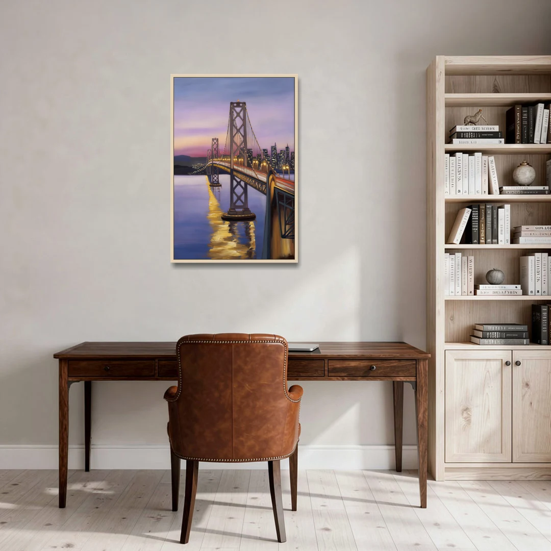 Oakland Bay Bridge View - Oak Framed Canvas Wall Art - Office - 24x36
