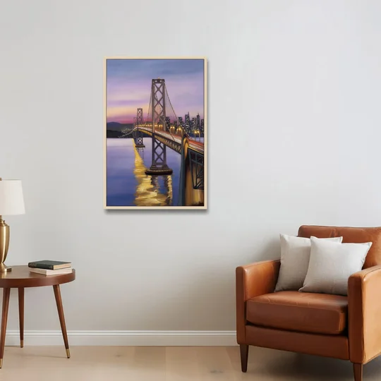 Oakland Bay Bridge View - Oak Framed Canvas Wall Art - Sofa - 24x36