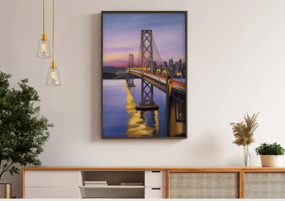 Oakland Bay Bridge View canvas wall art above a wooden sideboard under pendant lights