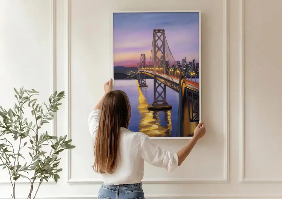 Oakland Bay Bridge View canvas wall art being hung on a paneled wall