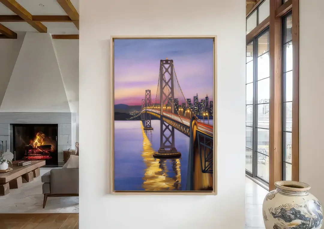 Oakland Bay Bridge View canvas wall art in a living room with a fireplace