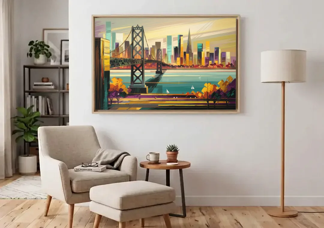 Oakland Downtown Vibes canvas wall art above an armchair in a bright living room