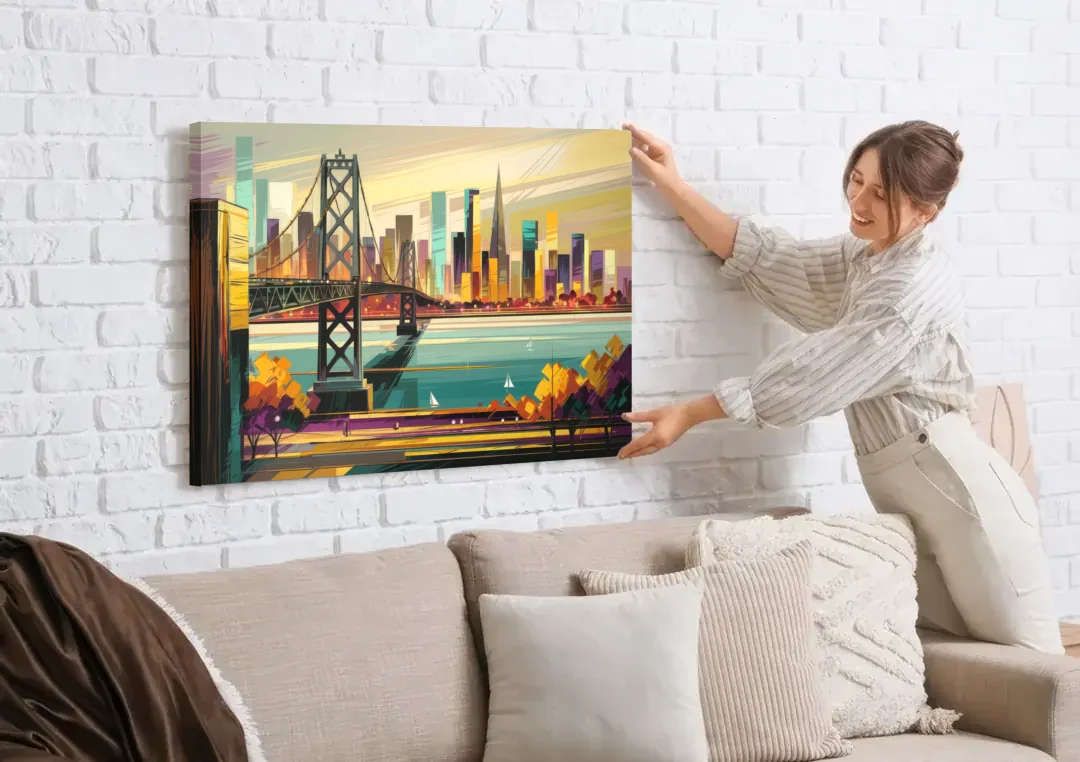 Oakland Downtown Vibes canvas wall art being hung on a white brick wall above a sofa