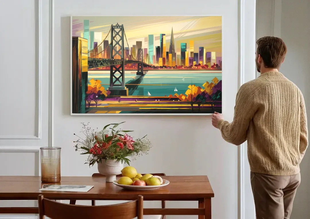 Oakland Downtown Vibes canvas wall art above a dining table