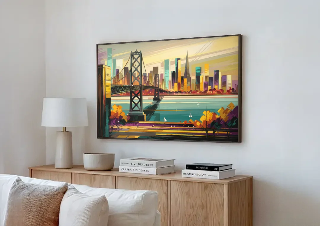 Oakland Downtown Vibes canvas wall art above a wooden sideboard next to a sofa