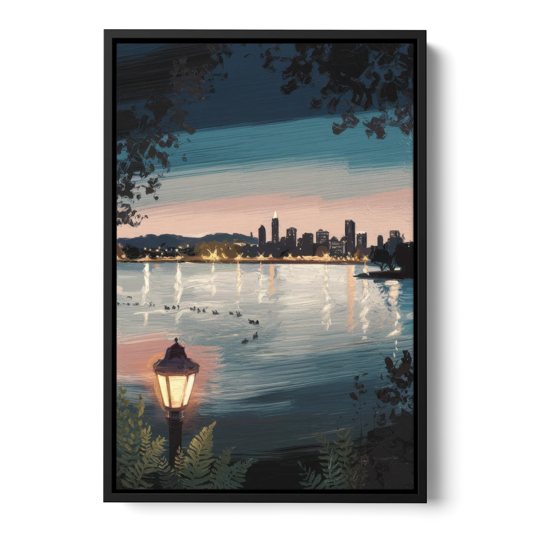 Oakland Lake Merritt Reflection - Black Framed Canvas Wall Art - Front