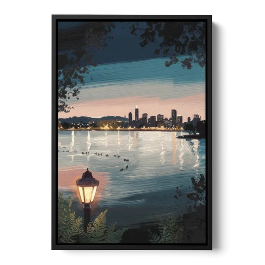 Oakland Lake Merritt Reflection - Black Framed Canvas Wall Art - Front
