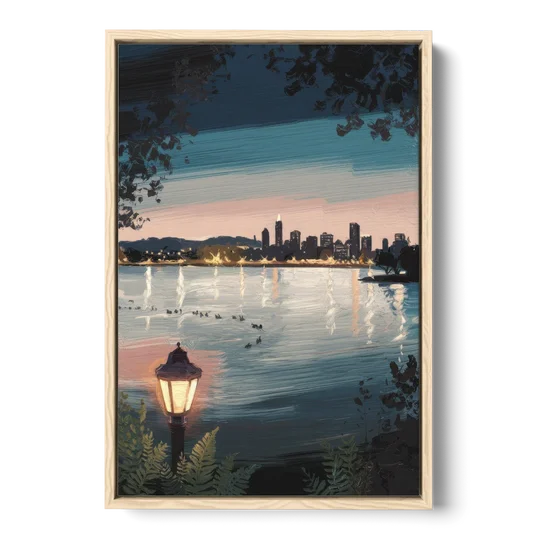 Oakland Lake Merritt Reflection - Oak Framed Canvas Wall Art - Front