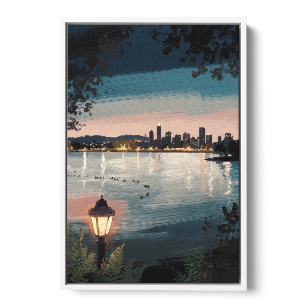 Oakland Lake Merritt Reflection - White Framed Canvas Wall Art - Front