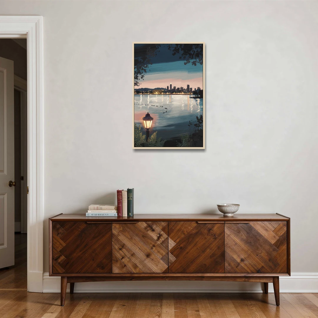 Oakland Lake Merritt Reflection - Oak Framed Canvas Wall Art - Coffee Table - 24x36