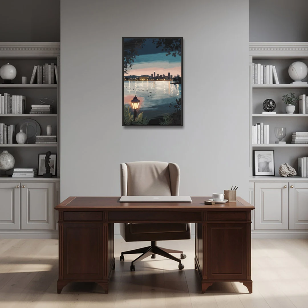 Oakland Lake Merritt Reflection - Black Framed Canvas Wall Art - Office - 24x36