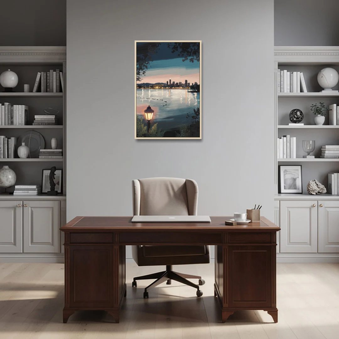 Oakland Lake Merritt Reflection - Oak Framed Canvas Wall Art - Office - 24x36