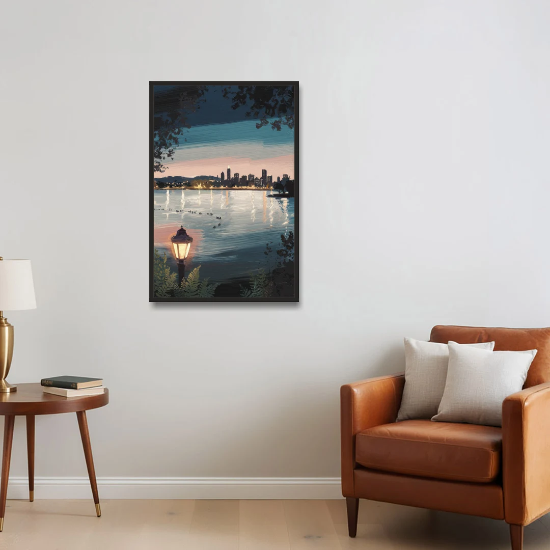 Oakland Lake Merritt Reflection - Black Framed Canvas Wall Art - Sofa - 24x36