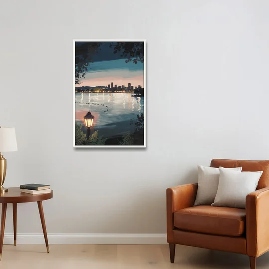 Oakland Lake Merritt Reflection - White Framed Canvas Wall Art - Sofa - 24x36