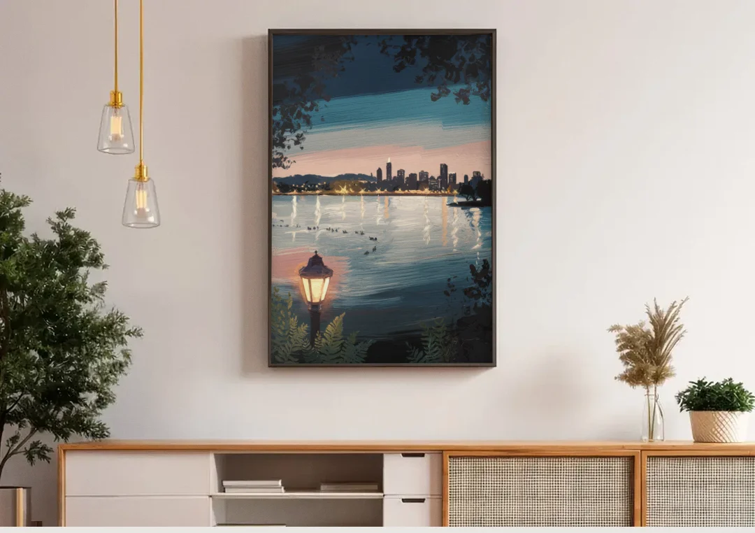 Oakland Lake Merritt Reflection canvas wall art above a wooden sideboard under pendant lights