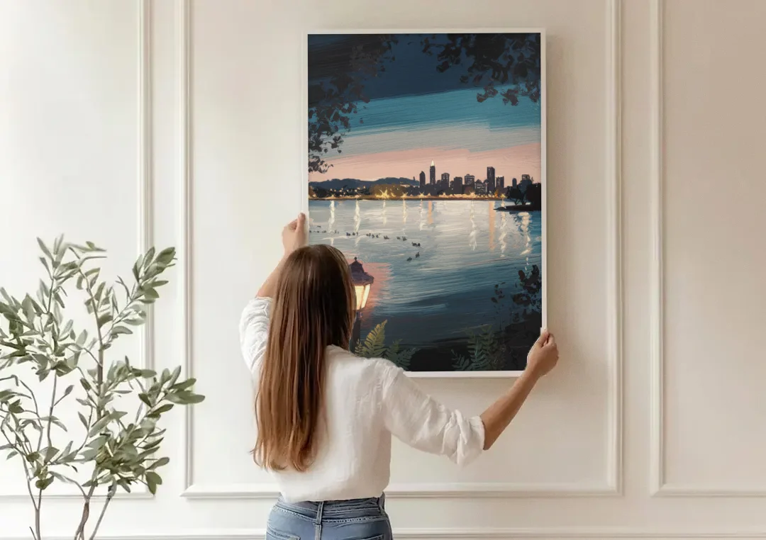Oakland Lake Merritt Reflection canvas wall art being hung on a paneled wall