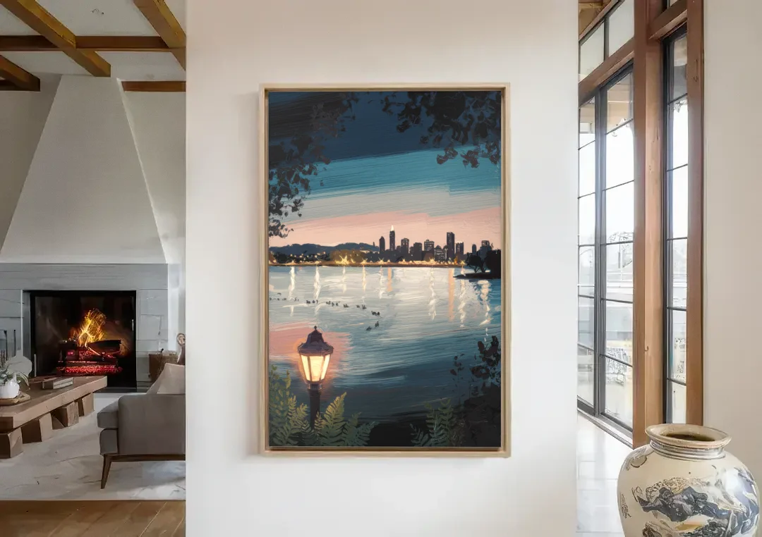 Oakland Lake Merritt Reflection canvas wall art in a living room with a fireplace