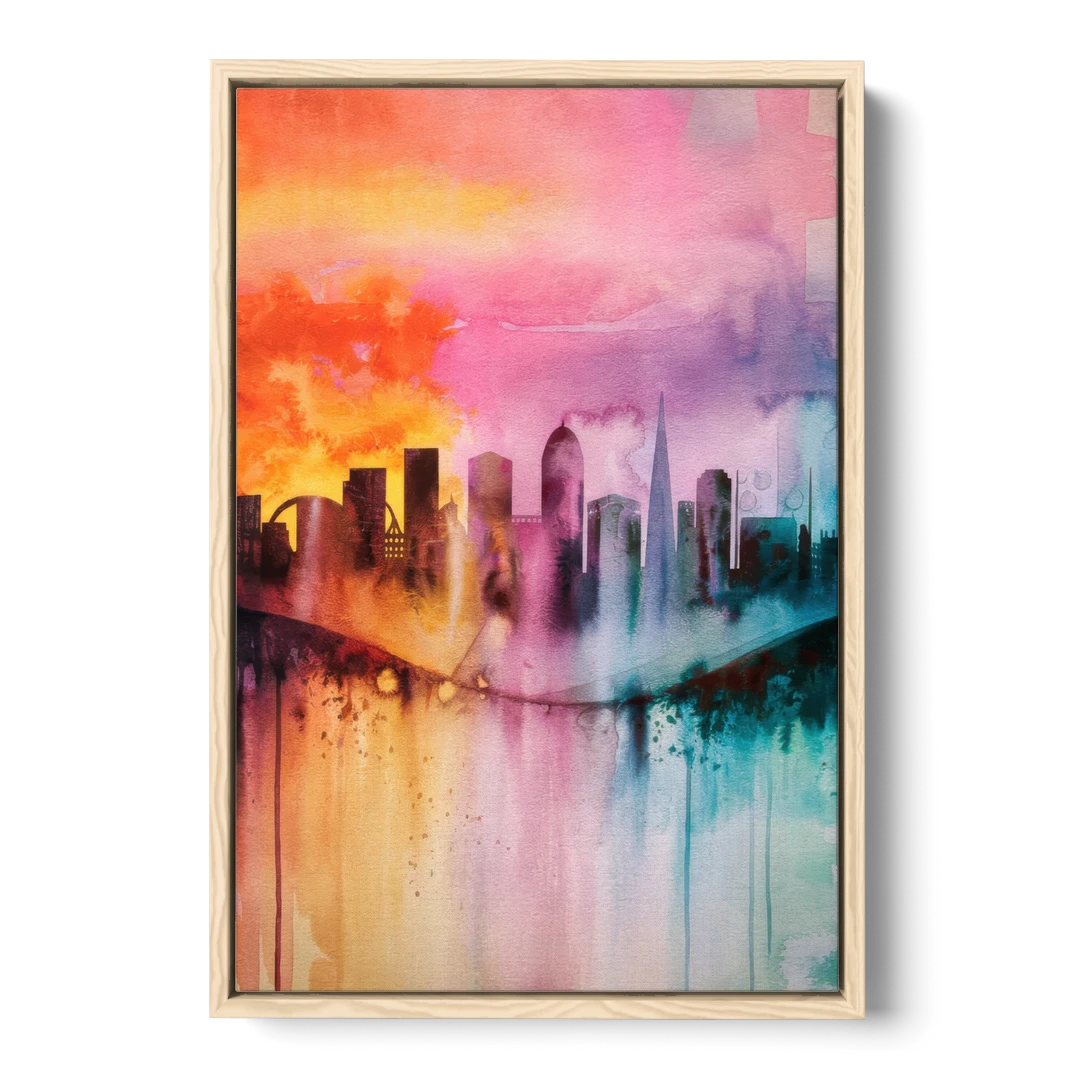 Oakland Skyline Sunset - Oak Framed Canvas Wall Art - Front