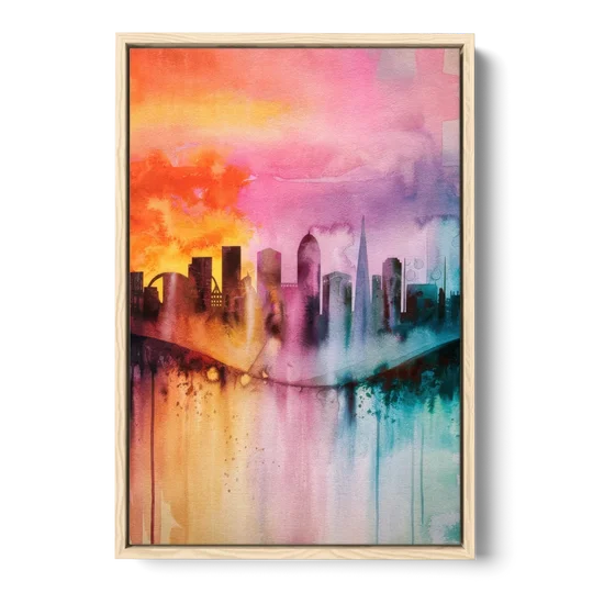 Oakland Skyline Sunset - Oak Framed Canvas Wall Art - Front
