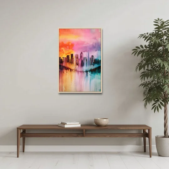 Oakland Skyline Sunset - Oak Framed Canvas Wall Art - Coffee Table - 24x36
