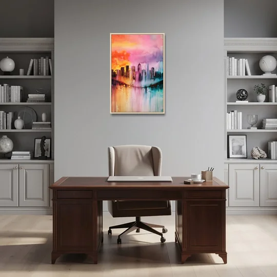 Oakland Skyline Sunset - Oak Framed Canvas Wall Art - Office - 24x36