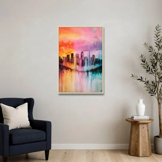 Oakland Skyline Sunset - Oak Framed Canvas Wall Art - Sofa - 24x36
