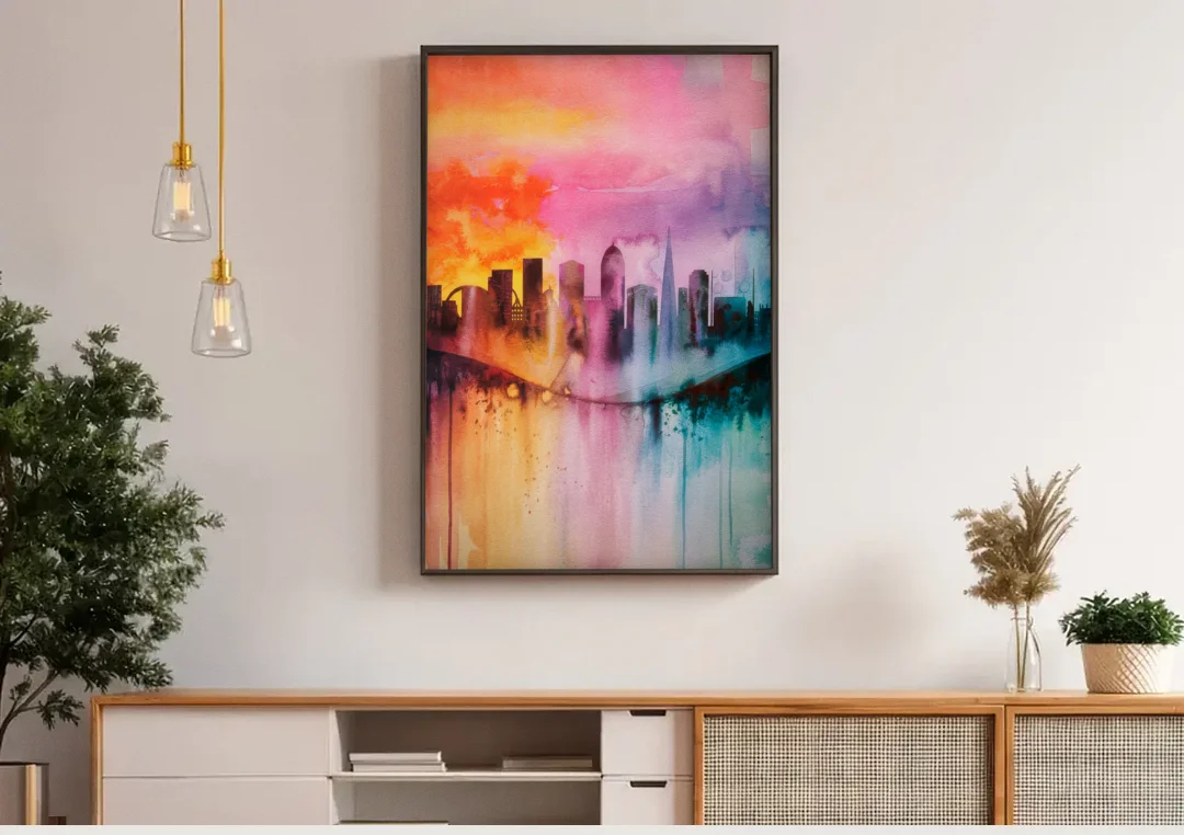Oakland Skyline Sunset canvas wall art above a wooden sideboard under pendant lights