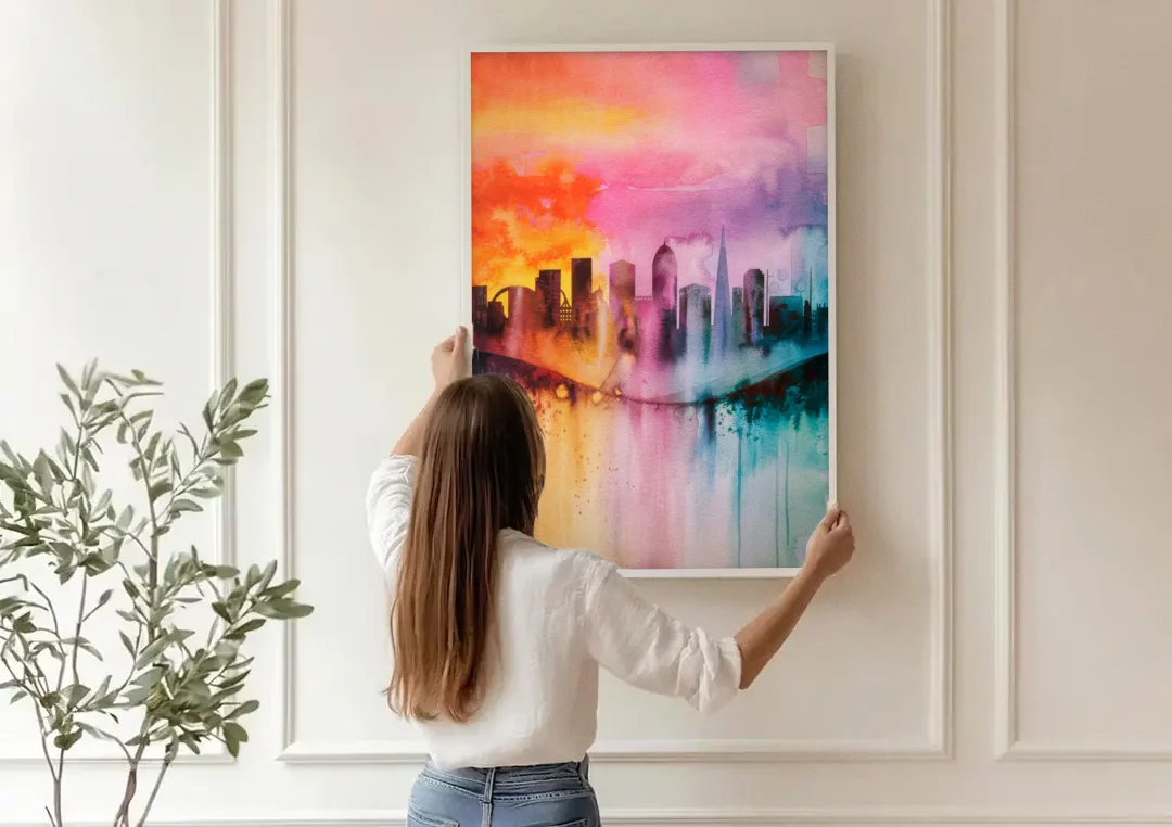 Oakland Skyline Sunset canvas wall art being hung on a paneled wall